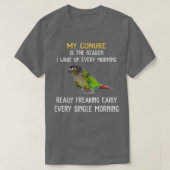 Groene Cheek Conure wakker worden T-shirt (Design voorkant)