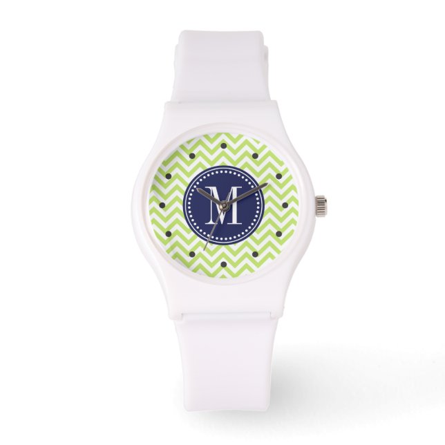Groene Chevron Zigzag Gepersonaliseerd Monogram Horloge (Voorkant)