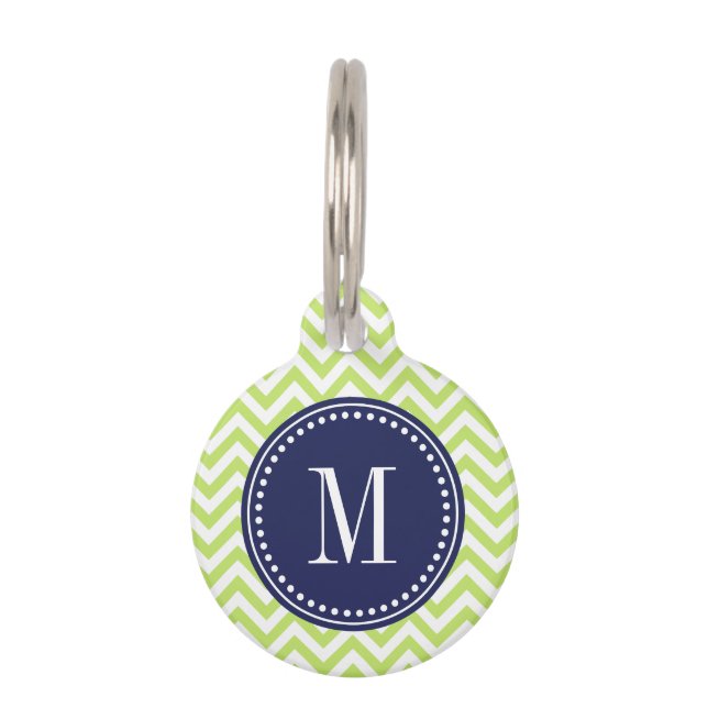 Groene Chevron Zigzag Gepersonaliseerd Monogram Huisdierpenning (Voorkant)