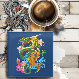 Groene Chinese Draak Koi Glazen Onderzetter