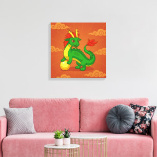 Groene Chinese Draak op Rood Canvas Afdruk