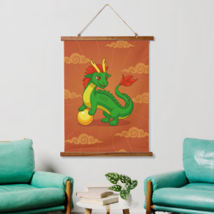 Groene Chinese Draak op Rood Hangend Wandkleed