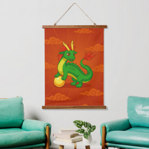 Groene Chinese Draak op Rood Hangend Wandkleed