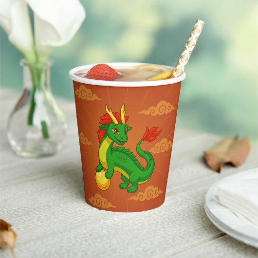 Groene Chinese Draak op Rood Papieren Bekers (Insitu)