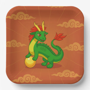 Groene Chinese Draak op Rood Papieren Bordje