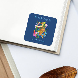 Groene Chinese Dragon Koi Bookplate Vierkante Sticker