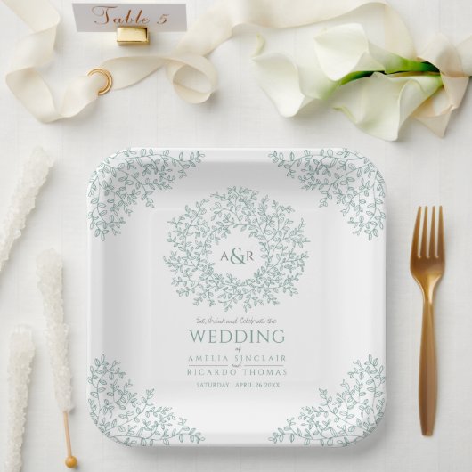 Groene cirkel met bladtekenmonogram bruiloft papieren bordje (Huwelijk)