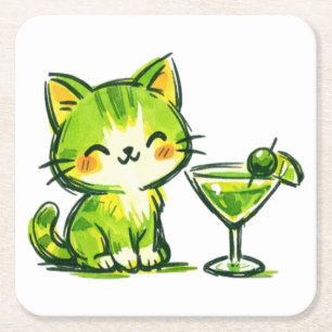 Groene Cocktails en Katten Vierkante Kartonnen Onderzetter