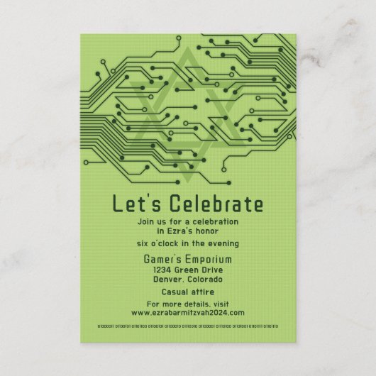 Groene Computer Circuit Board Bar Mitzvah Receptie Informatiekaartje (Voorkant)