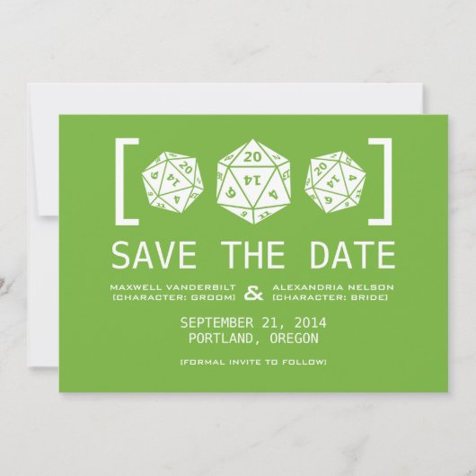 Groene D20 Dobbelsteen Gamer Spara de datum Uitnod Save The Date (Voorkant)