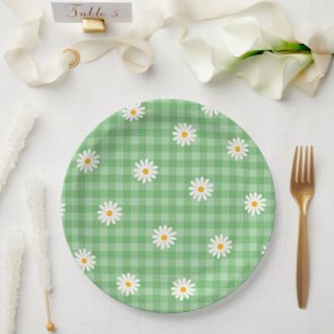 Groene Daisy Plaid Gingham Controleer bloemenpatro Papieren Bordje