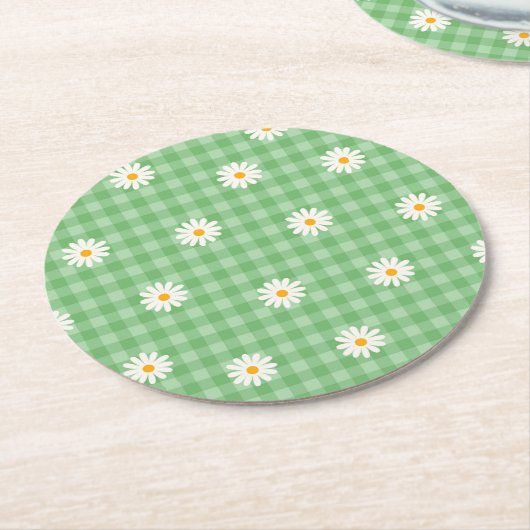 Groene Daisy Plaid Gingham Controleer bloemenpatro Ronde Kartonnen Onderzetter (Gebogen)