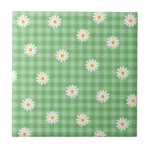 Groene Daisy Plaid Gingham Controleer bloemenpatro Tegeltje