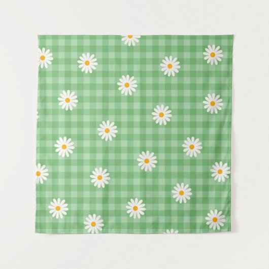 Groene Daisy Plaid Gingham Controleer bloemenpatro Wandkleed (Voorkant (horizontaal))