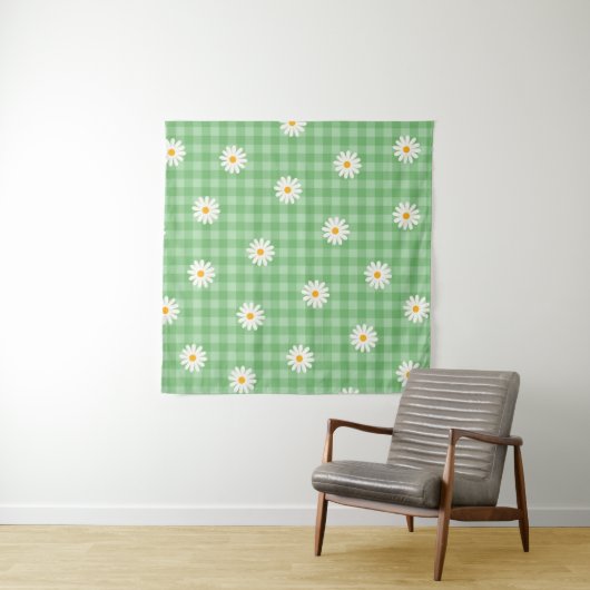 Groene Daisy Plaid Gingham Controleer bloemenpatro Wandkleed (In Situ (horizontaal))