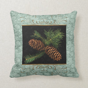 Groene Damask en Waterverf Pine Cones Kussen