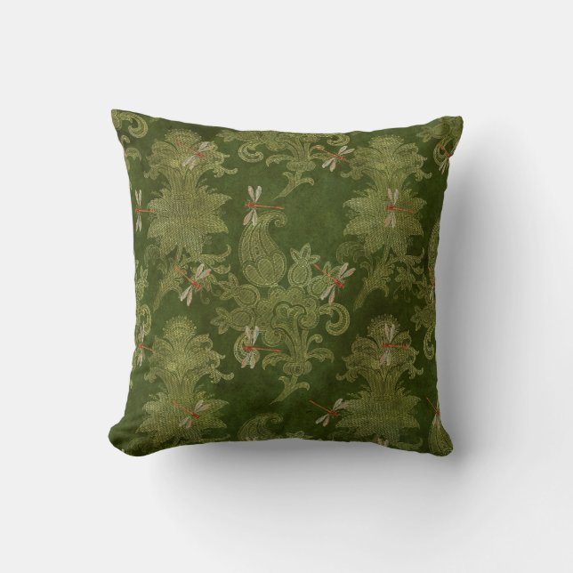  groene Damask Floral Oranje libellen Kussen (Voorkant)
