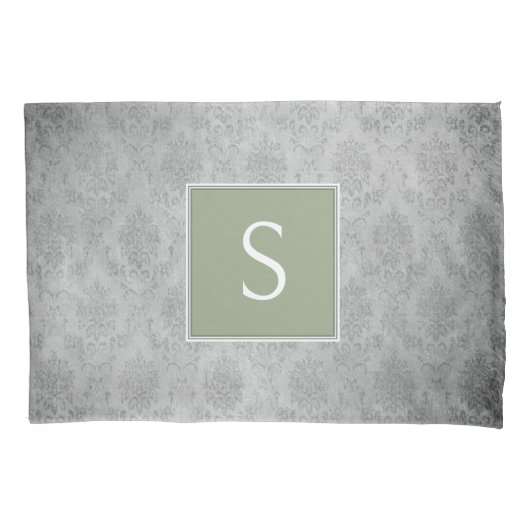 Groene  Damask Monogram Kussensloop (Voorkant)