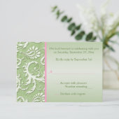 Groene Damast met Roze Reply Kaart (Staand voorkant)