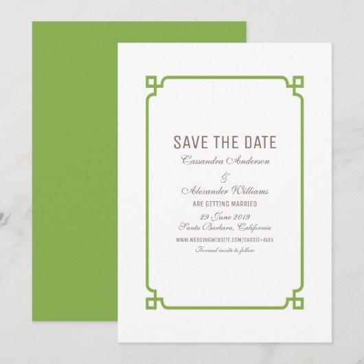Groene Deco Chic Save the Date Uitnodiging (Voorkant / Achterkant)