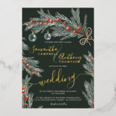 Groene dennen Kerstwinter foto bruiloft Folie Uitnodiging (Voorkant)