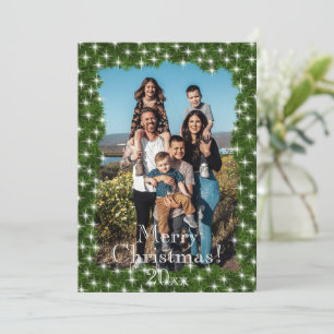 Groene dennen twinkellichtjes foto gepersonaliseer feestdagenkaart