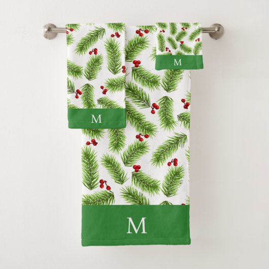 Groene dennenbladeren en bessen monogram bad handdoek (Insitu)