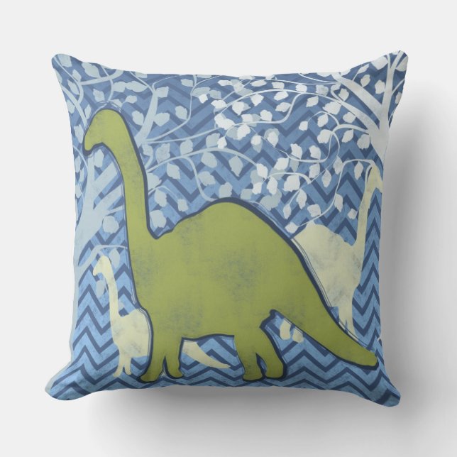 Groene Dinosaur op Zigzag Chevron - Blauw en wit Kussen (Voorkant)