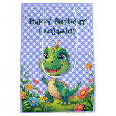 Groene Dinosaurus Blue Gingham Verjaardag Cadeau Medium Cadeauzakje (Achterkant)
