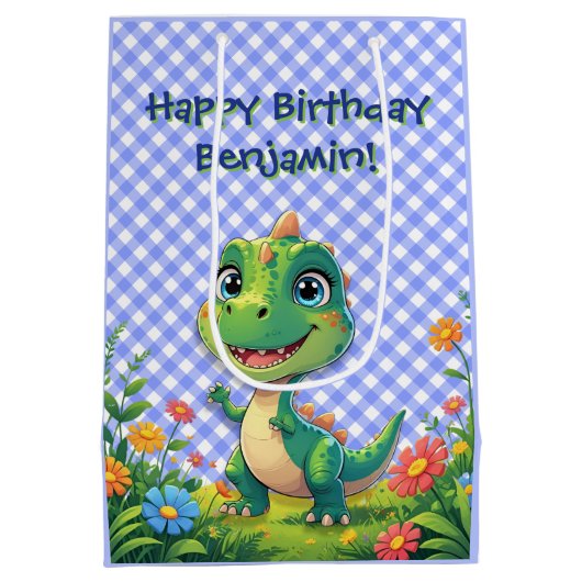 Groene Dinosaurus Blue Gingham Verjaardag Cadeau Medium Cadeauzakje (Achterkant)