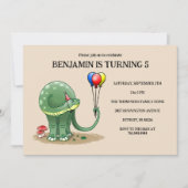 Groene dinosaurus die de kleurrijke ballonnen vast kaart (Voorkant)