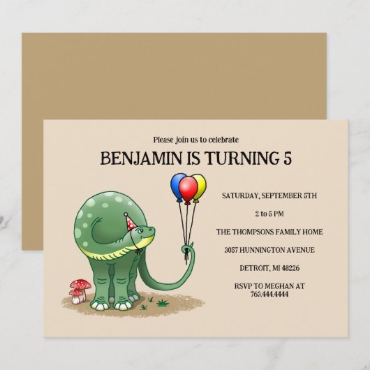 Groene dinosaurus die de kleurrijke ballonnen vast kaart (Voorkant / Achterkant)