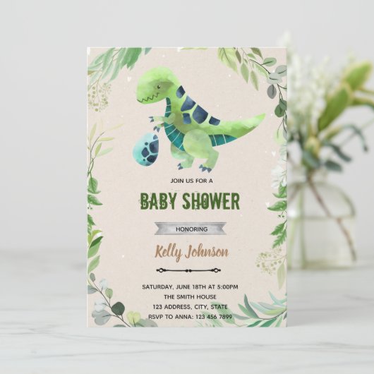 Groene dinosaurus feestelijke verjaardagsuitnodigi kaart (Staand voorkant)