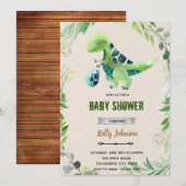 Groene dinosaurus feestelijke verjaardagsuitnodigi kaart (Voorkant / Achterkant)