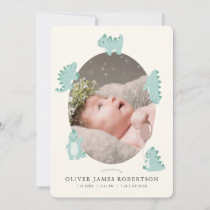 Groene dinosaurus jongen foto geboorte aankondigin kaart