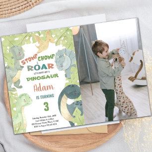 Groene Dinosaurus Verjaardag Uitnodiging met Foto