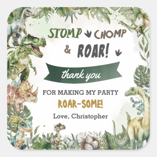 Groene Dinosaurussen Jurassic Boy Verjaardagsfeest Vierkante Sticker (Voorkant)