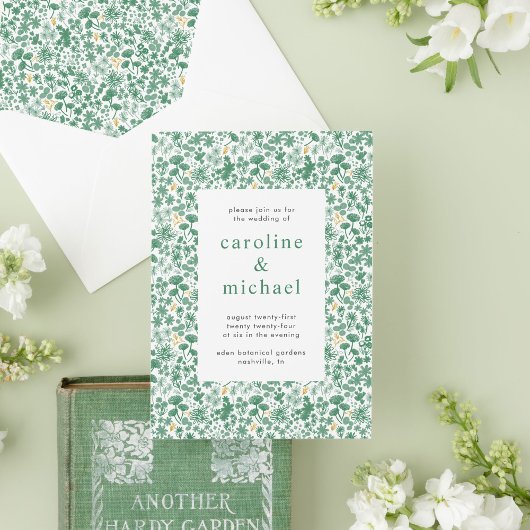  Groene Ditzy Floral Wedding Uitnodiging