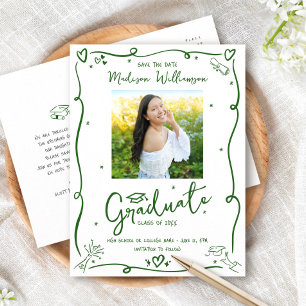 Groene Doodles Afstudeerdatum Bewaar de Datum Foto Uitnodiging Briefkaart