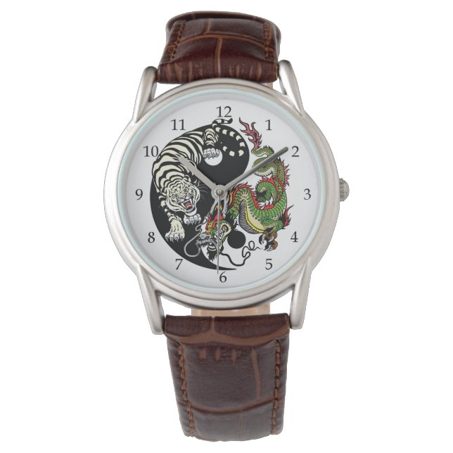 groene draak en witte tijger yin yang horloge (Voorkant)