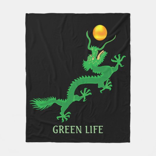 Groene Draak met Gouden Zonnebal op Zwart Fleece Deken (Voorkant)