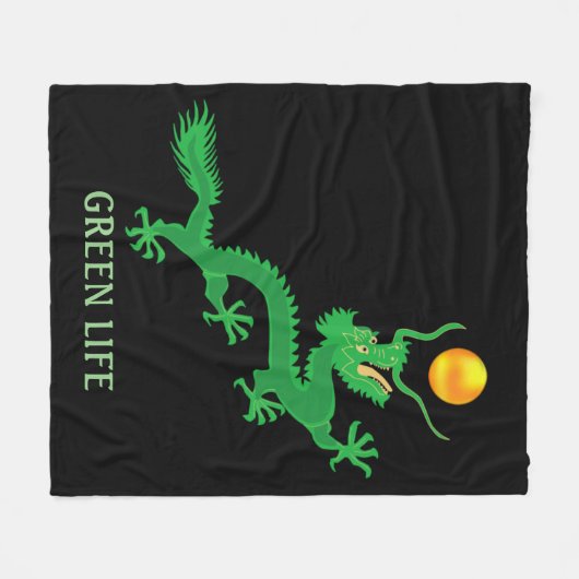 Groene Draak met Gouden Zonnebal op Zwart Fleece Deken (Voorkant (Horizontaal))