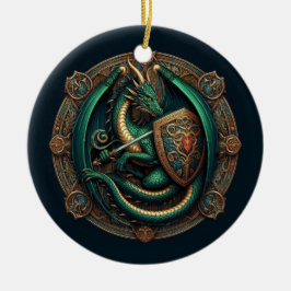 Groene draak met zwaard keramisch ornament