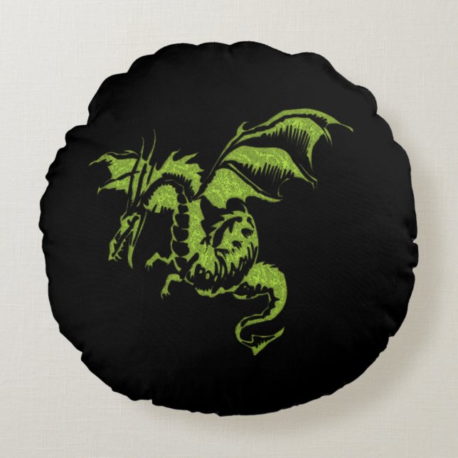 Groene Draak Rond Kussen (Voorkant)