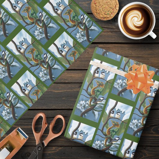 Groene Dragon Chickadees Winter Cadeaupapier