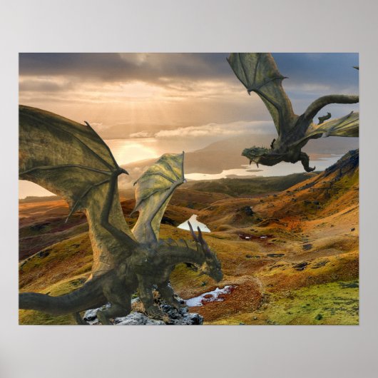 Groene dragon Fantasy Mountains Poster (Voorkant)