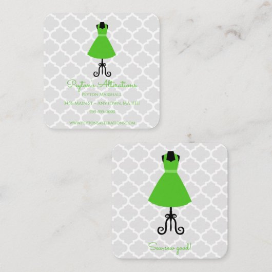 Groene dress Seamstress en veranderingen Vierkante Visitekaartje (Voorkant / Achterkant)