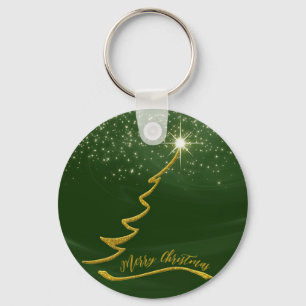 Groene, dunne achtergrond met gouden kerstboom sleutelhanger