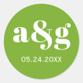 Groene eenvoudige en elegante monogram bruiloft ronde sticker (Voorkant)