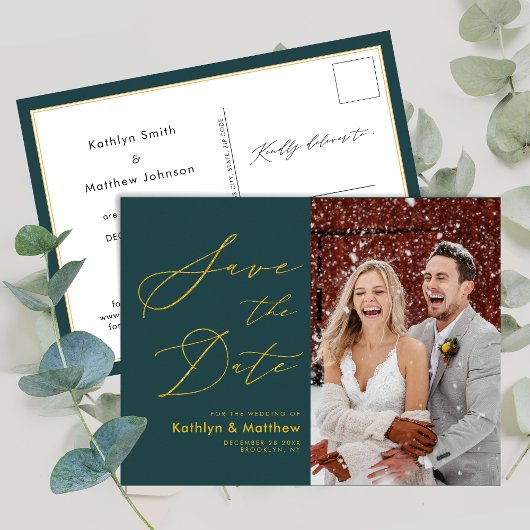 Groene Elegant Gold Script Modern sparen de Datum Aankondigingskaart